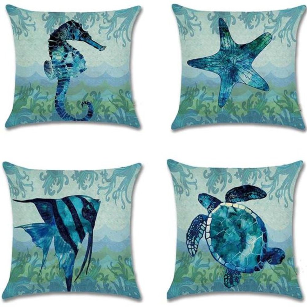 4 Pcs  Beach Throw Pillow Covers 18x18 Coastal Theme Pillow Cases Blue Green